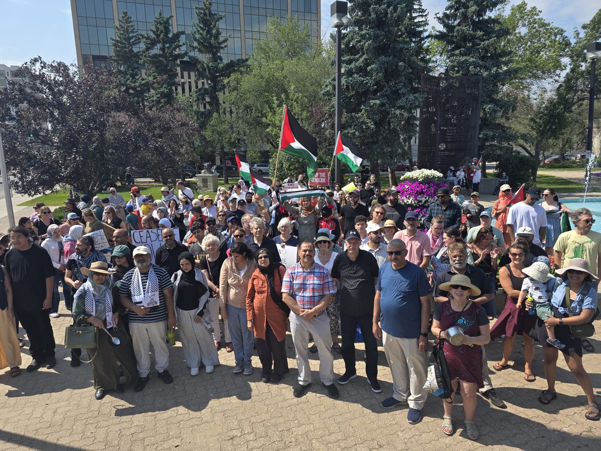 AlbertLedebur's tweet photo. We had an awesome turnout at Palestine rally yesterday!! @CityofRegina Continuing to speak out and put more pressure on our government to do everything it can to inhibit and stop Israel's genocide. @MarkJCarney, please do something real. One aid shipment won't stop the slaughter https://t.co/xMOqpymzo1