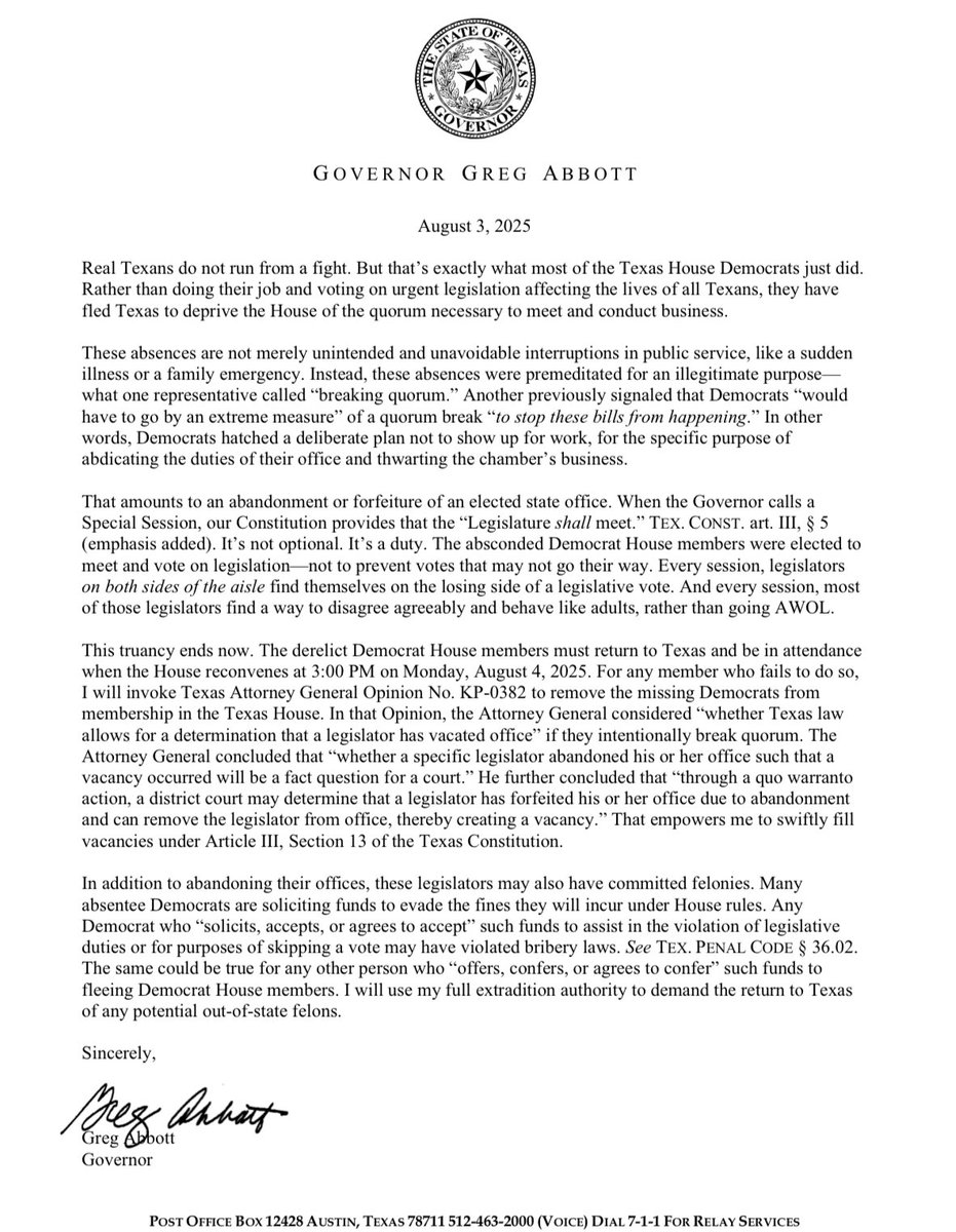 Brandon Waltens (@bwaltens) on Twitter photo BREAKING: <a href="/GregAbbott_TX/">Greg Abbott</a> says he will remove from office any Democrats that do not show up tomorrow #txlege BREAKING: <a href="/GregAbbott_TX/">Greg Abbott</a> says he will remove from office any Democrats that do not show up tomorrow #txlege