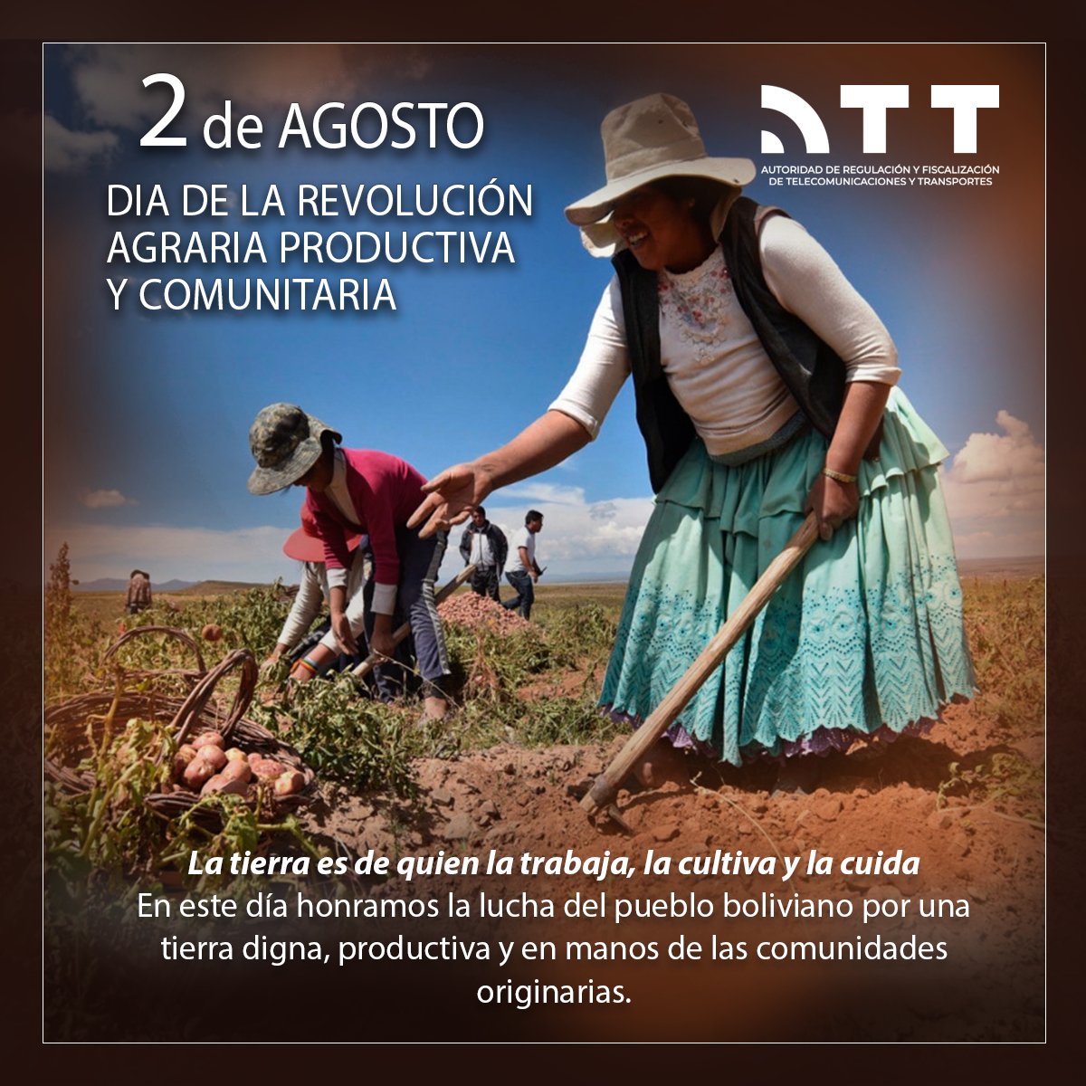2 de Agosto – Día de la Revolución Agraria, Productiva y Comunitaria ✊🏾
Hoy rendimos homenaje a quienes han luchado y siguen luchando por una tierra justa, productiva y en manos de las comunidades.
#ATT #RevoluciónAgraria #TierraParaElPueblo #ComunidadProductiva