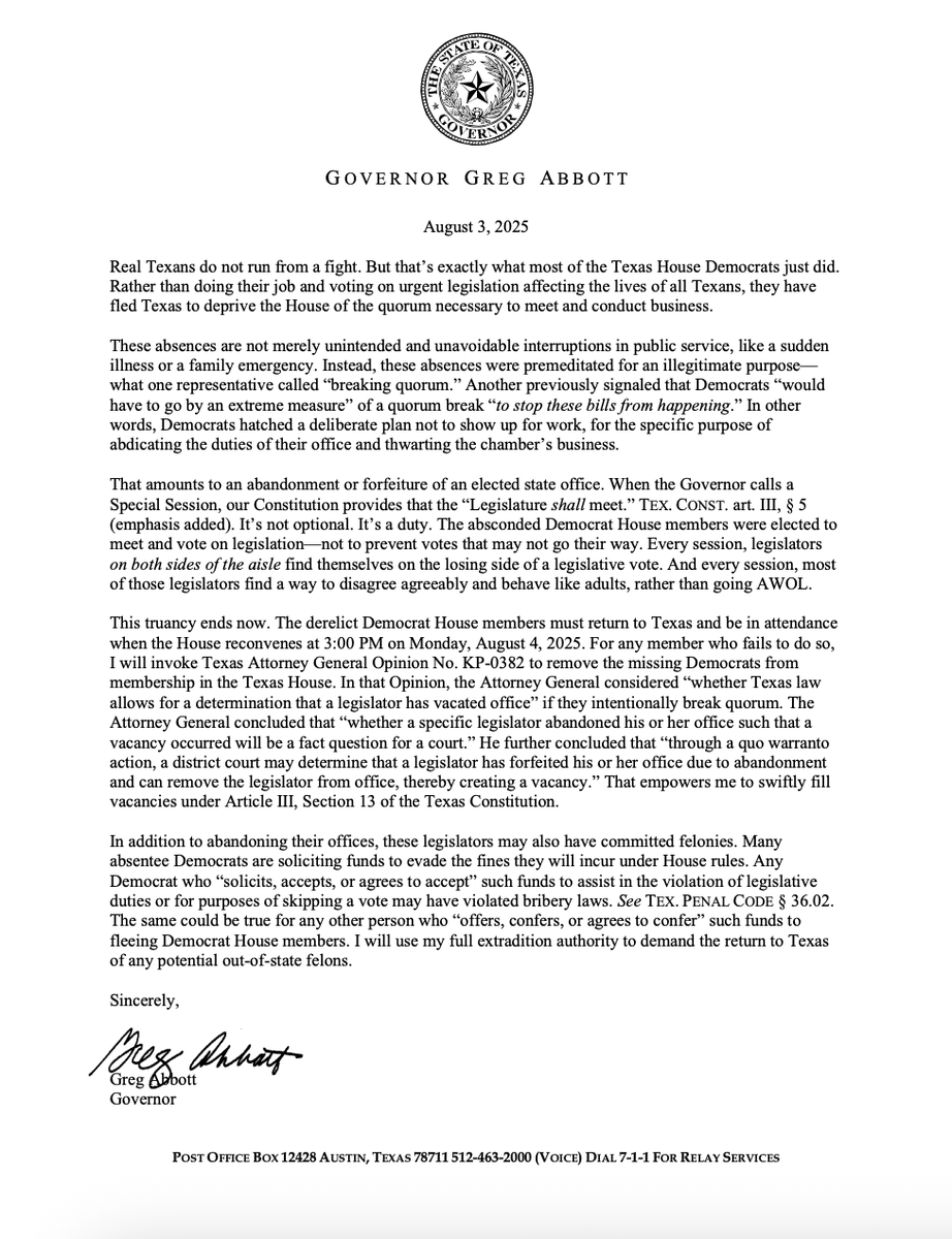 jaspscherer's tweet photo. .@GregAbbott_TX says that for any #txlege Dems who fail to return by tomorrow afternoon, he will invoke an attorney general opinion "to remove the missing Democrats from membership in the Texas House." BUT he says the removal decision is ultimately up to the courts. #txlege https://t.co/W6tYym24RF