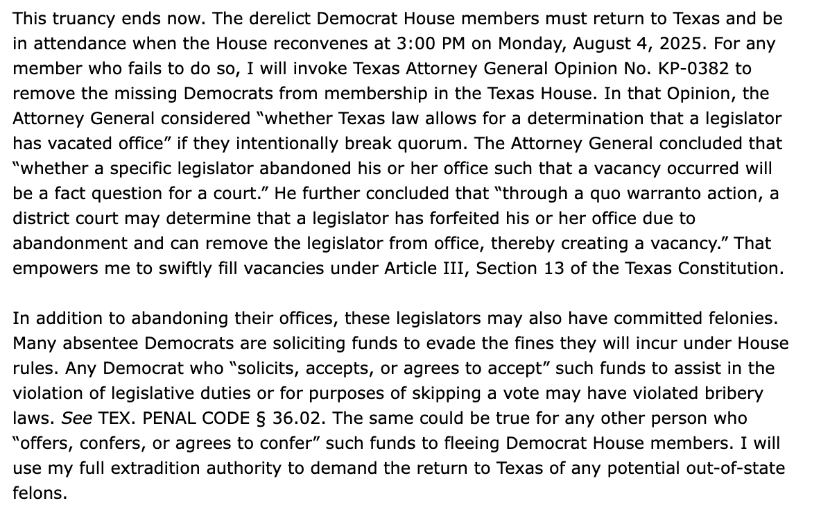 eklib's tweet image. Gov. @GregAbbott_TX informs Democratic lawmakers that they must return by 3pm Monday, or he will take steps to have them removed from office. 

Abbott says they “may also have committed felonies” and will use his “full extradition authority” to demand their return.