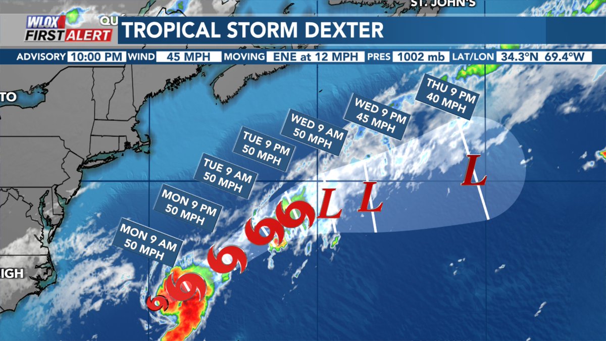 We have our next named storm! Tropical Storm Dexter developed tonight well off the coast of North Carolina. It will remain out to sea. @wlox #mswx