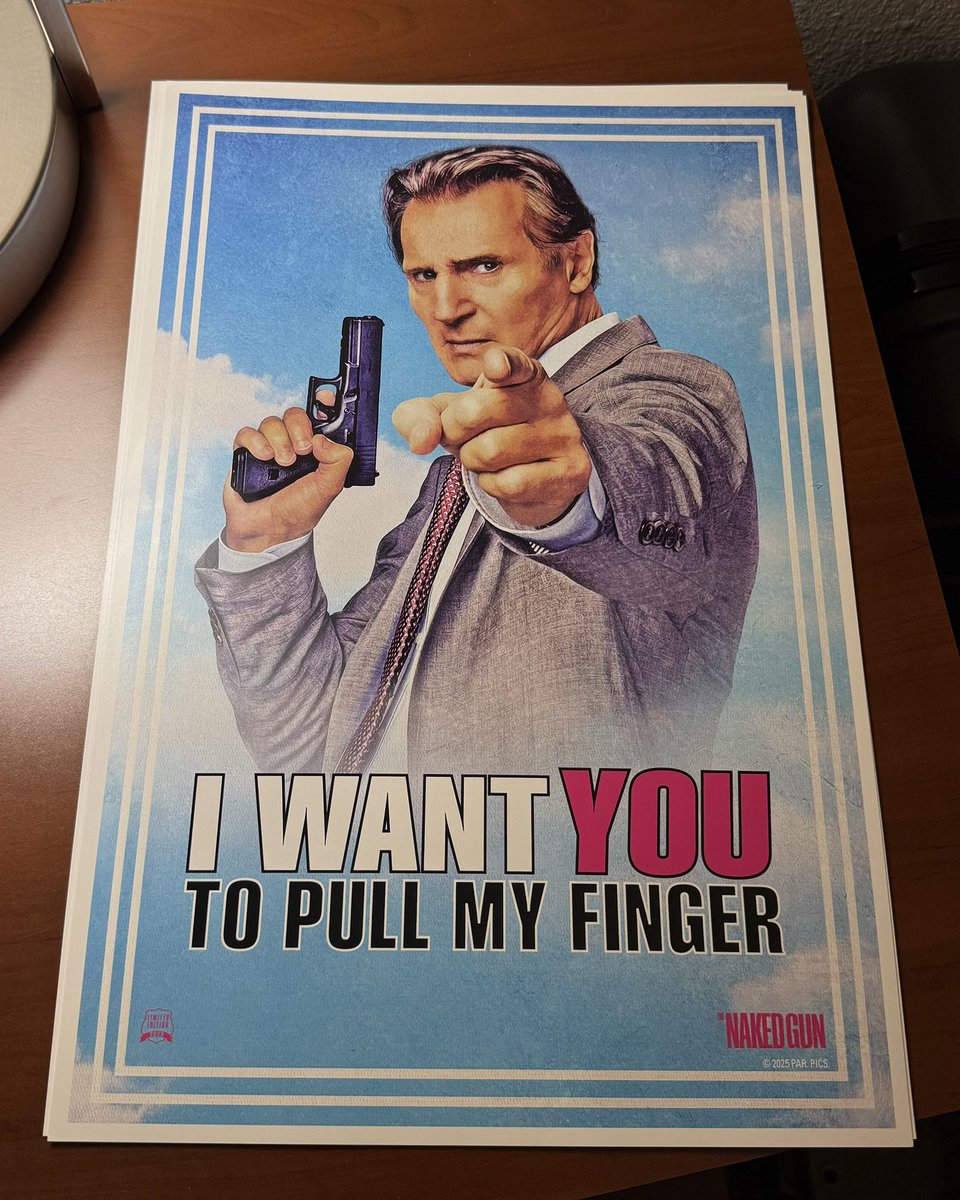 Win this “I WANT YOU TO PULL MY FINGER” poster from the new #NakedGun movie! I’m picking 5 winners.

To enter: Follow me, Like, and Retweet this post.

Winners will be chosen at random after August 8. U.S. only. This giveaway is not sponsored, endorsed, or affiliated with any