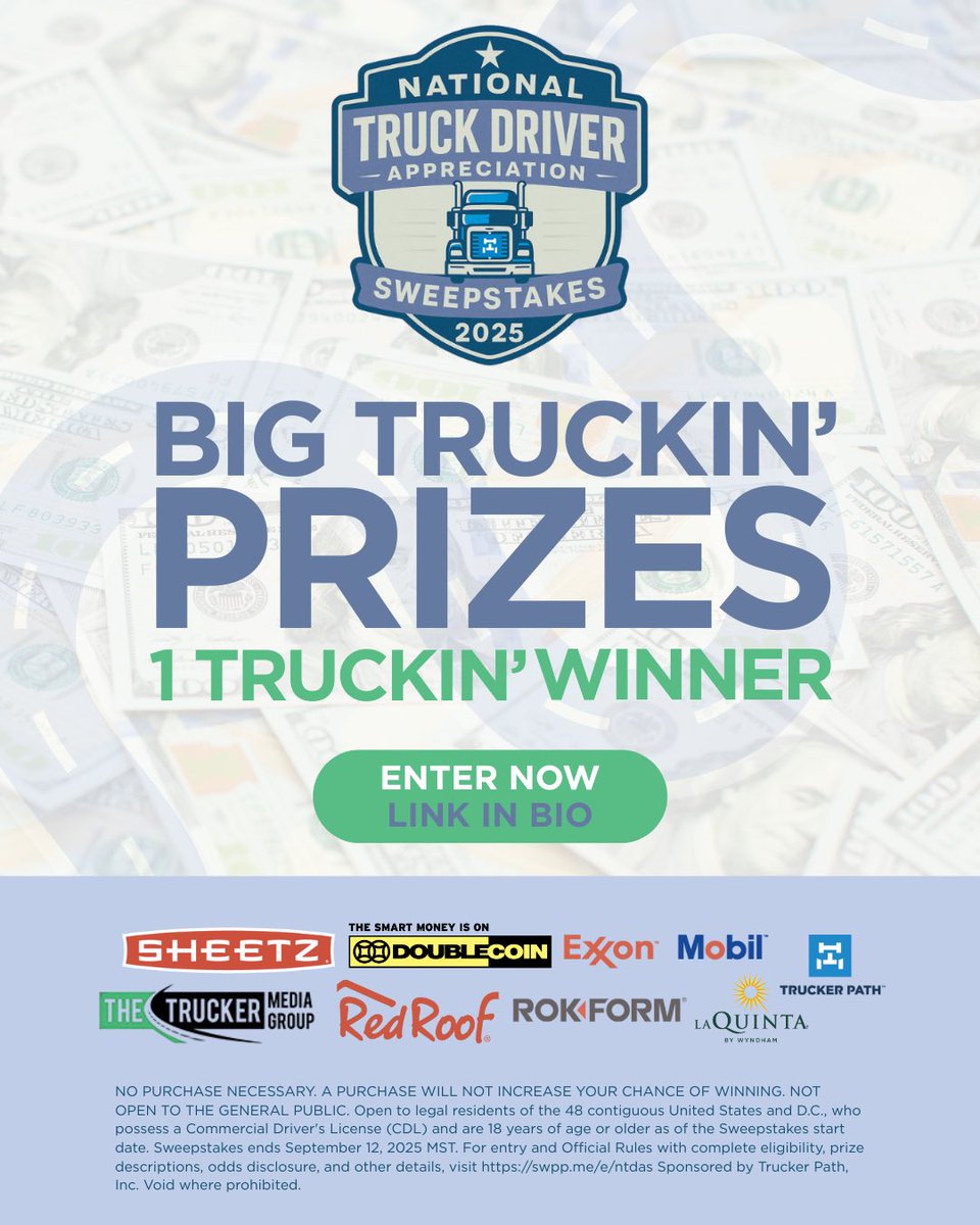TruckerPathApp's tweet image. 🚛 CDL drivers — the 4th Annual National Truck Driver Appreciation Sweepstakes is LIVE!

🎁 Win gift cards, hotel stays, SiriusXM &amp;amp; more!
🗓️ Enter by Sept 12: swpp.me/e/ntdas

Let’s celebrate the drivers who keep America moving! 💪
#ThankATrucker #NTDAS