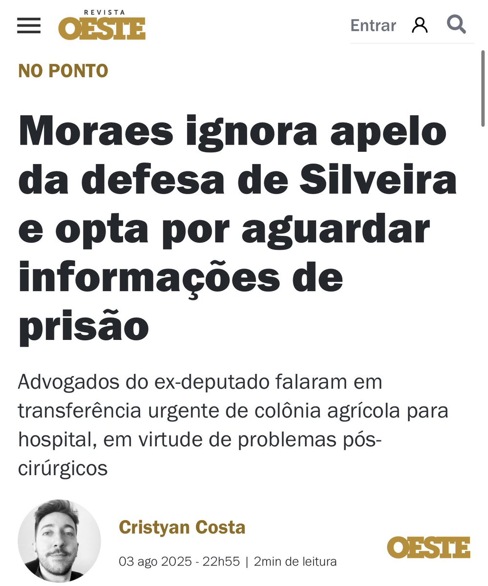 🚨 Daniel Silveira está com febre e suspeita de infecção. Apesar dos pedidos da defesa, Moraes optou por aguardar saber se a colônia agrícola onde ele está tem condições de tratá-lo.

Ou Moraes não aprendeu nada com o caso Clezão — ou simplesmente não dá a mínima. Talvez os dois