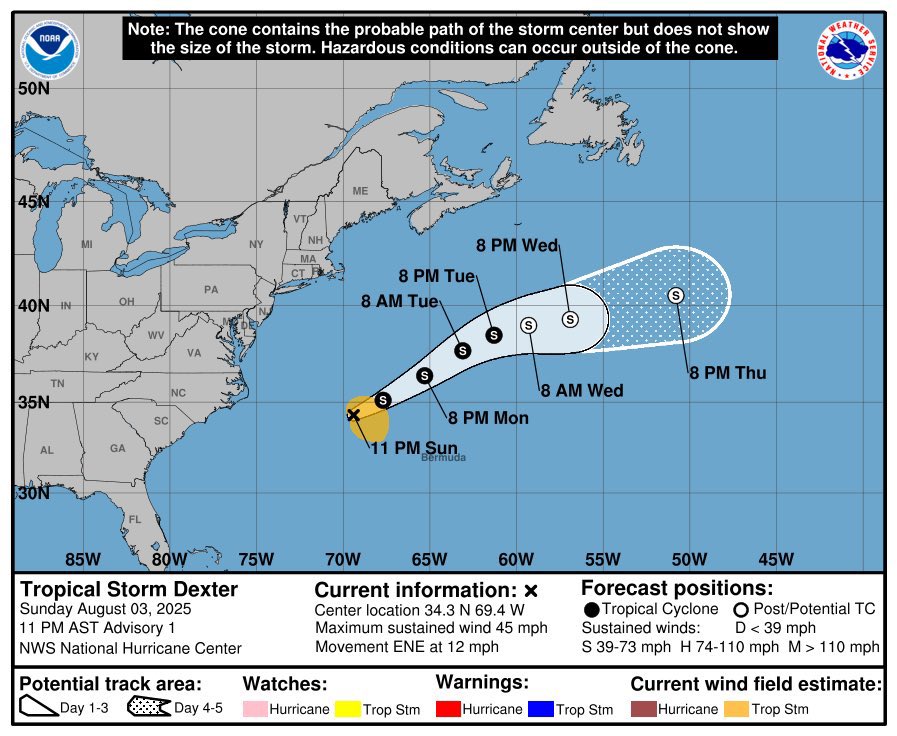spann's tweet photo. Tropical Storm Dexter has formed in the Atlantic, but it is no threat to land. https://t.co/evPyCHH0im