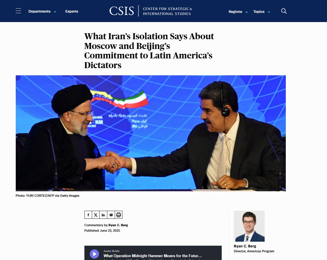 Ryan Berg, PhD (@ryanbergphd) on Twitter photo What should <a href="/NicolasMaduro/">Nicolás Maduro</a>, #Ortega-#Murillo, and <a href="/DiazCanelB/">Miguel Díaz-Canel Bermúdez</a> take away from #Iran's isolation in its time of greatest need?
<a href="/CSIS/">CSIS</a> analysis on what #Iran’s isolation says about the authoritarian axis' commitment to #LatinAmerica’s dictators.
csis.org/analysis/what-… What should <a href="/NicolasMaduro/">Nicolás Maduro</a>, #Ortega-#Murillo, and <a href="/DiazCanelB/">Miguel Díaz-Canel Bermúdez</a> take away from #Iran's isolation in its time of greatest need?
<a href="/CSIS/">CSIS</a> analysis on what #Iran’s isolation says about the authoritarian axis' commitment to #LatinAmerica’s dictators.
csis.org/analysis/what-…