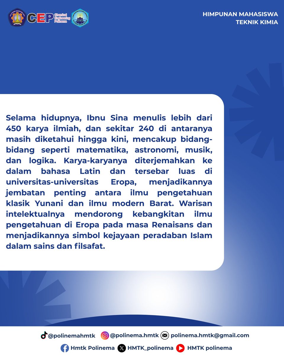 [𝗜𝗡𝗧𝗘𝗥𝗠𝗘𝗭𝗭𝗢]

Halo sobat chemeng!
Ibnu Sina adalah ilmuwan muslim jenius, ahli kedokteran, filsafat, dan sains.
Pemikirannya jadi dasar ilmu modern dan warisan besar peradaban Islam.

#ibnusina
#polinemahmtk