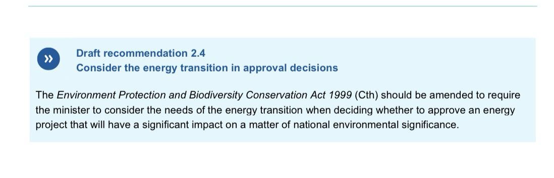 The conservation sector need to wake up to what's happening.
The Productivity Commission is pushing to amend the EPBC Act to allow industrial scale renewables to be virtually exempt from EPBC laws and pushed through fast.
Pushed through no matter the impacts to threatened species