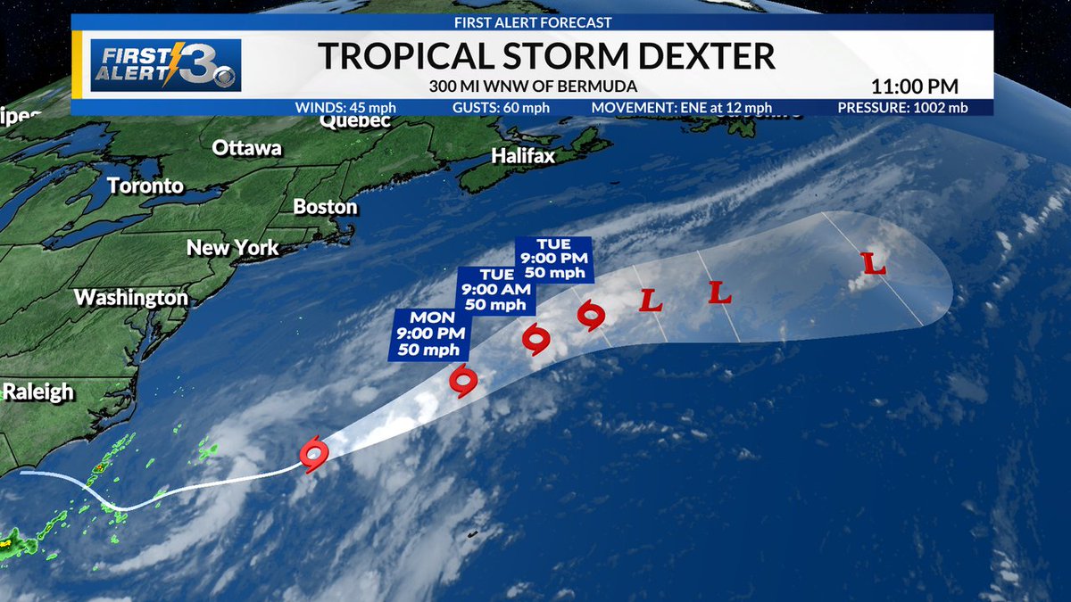 Tropical Storm #Dexter has formed in the Atlantic as of 11PM this evening. Dexter poses no threat to land and will continue to the northeast over the next few days.  #Dexter #NHC #tropics