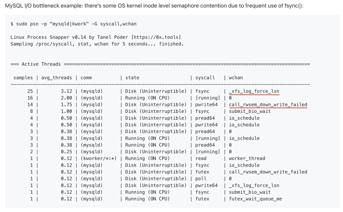 <a href="/eivanov89/">Evgenii Ivanov</a> If you scroll down on this page, you see an example of MySQL I/Os getting "artificially" throttled by inode rwsem locks at the Linux kernel level (due to slow XFS journal sync/FUA writes on consumer SSDs):

0x.tools/#linux-process…