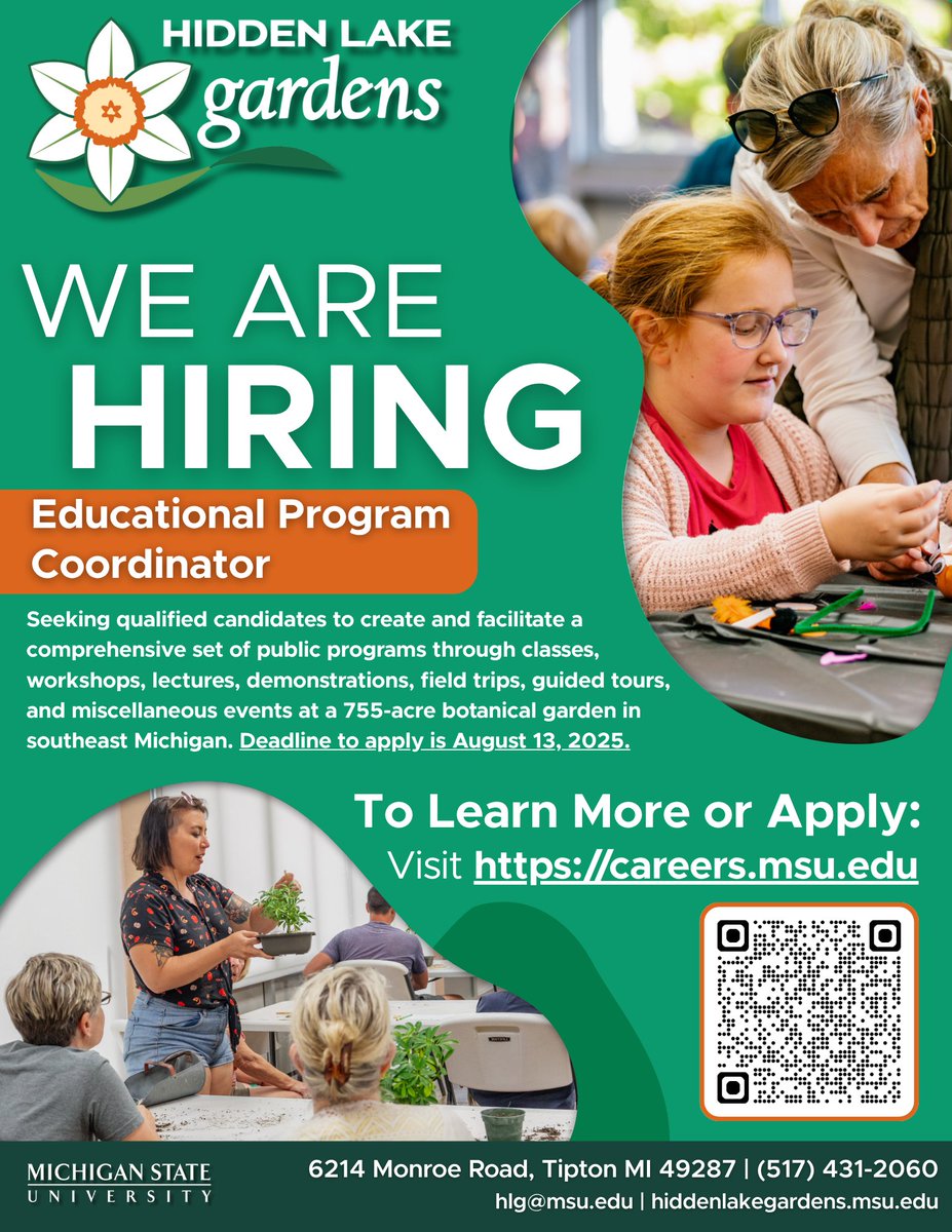 📢 We're hiring! Hidden Lake Gardens (Tipton, MI) is looking for a full-time Educational Program Coordinator to lead nature-based classes, workshops, tours &amp; events.

🗓 Apply by Aug 13
🔗 careers.msu.edu/jobs/education…