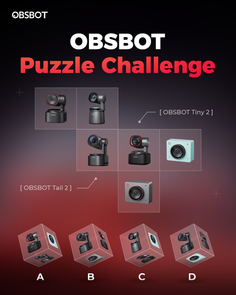 OBSBOT_Official's tweet image. It’s OBSBOT puzzle challenge time! 🧠
Can you figure out which piece fits perfectly?👀

#OBSBOT #webcam #streamingcamera #puzzle