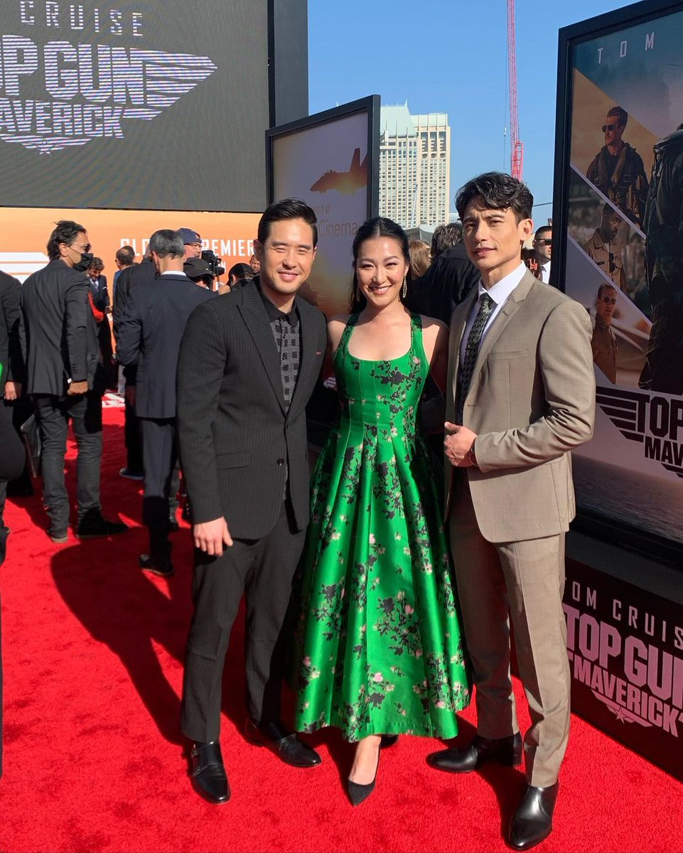 Raymond Lee, Kara Wang and Manny Jacinto at the Top Gun: Maverick premiere in San Diego (May 2022)
