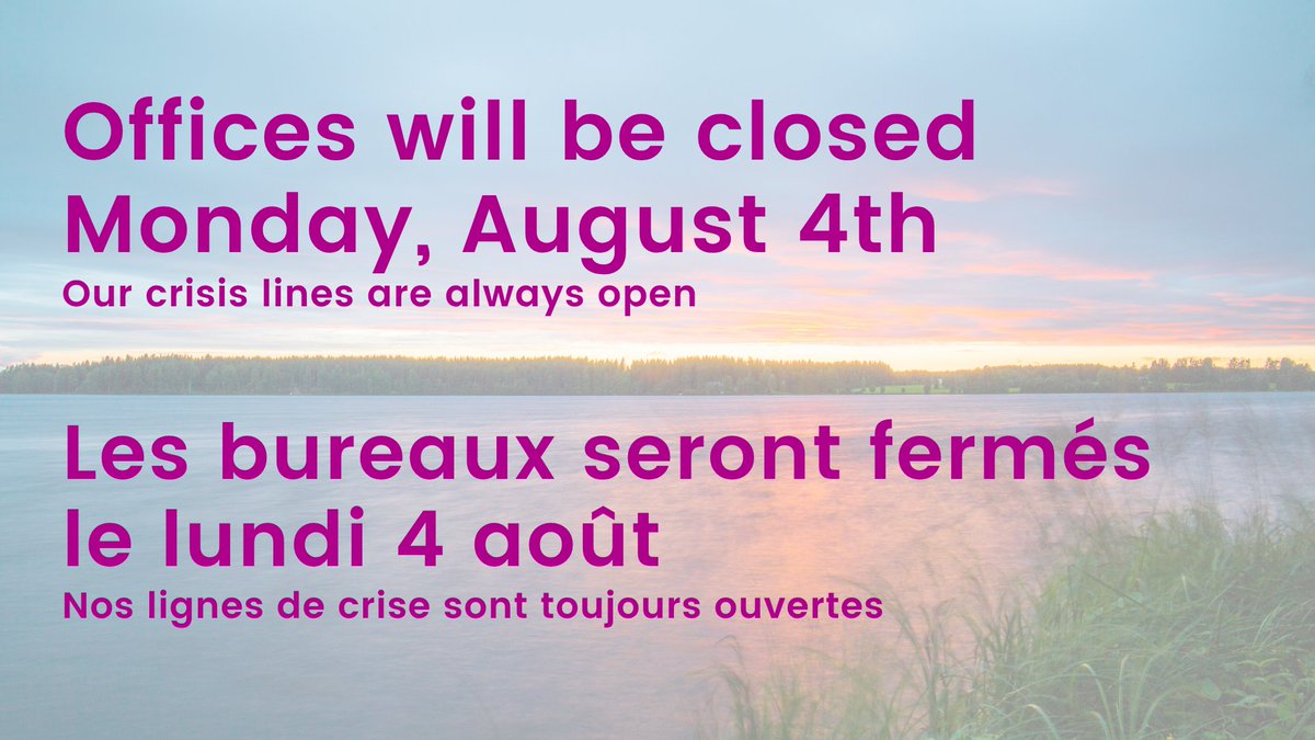 Offices will be closed
Monday, August 4th
Our crisis lines are always open
amhs-kfla.ca/programs-servi…
Les bureaux seront fermés
le lundi 4 août
Nos lignes de crise sont toujours ouvertes
fr.amhs-kfla.ca/programmes.../…
