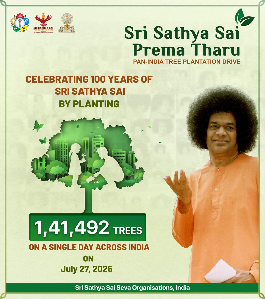 SaiMessengers's tweet photo. 🌱 Sri Sathya Sai Prema Tharu🌱
As part of the 100th Birthday of Bhagawan Sri Sathya Sai Baba, 8,500+ youth across 28 states planted 1,41,492 saplings in 1 day!
A divine seva for Mother Earth.
Ek Ped Sai Maa Ke Naam 🌳
#PremaTharu #SaiCentenary #LoveAllServeAll https://t.co/sBGAxWN54U