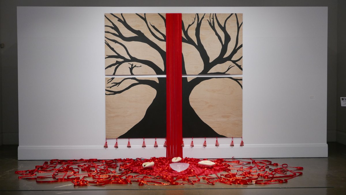 Art Gallery of Mississauga:  End wall #WinsomWinsom + daughter #TaraDarrall (2025) From Them We Came, mixed media with cowrie shells by #MisbalAhmed. Part of the exhibition on The Search for the Black Madonna and Green Tara, connecting spiritual and earthly experiences.