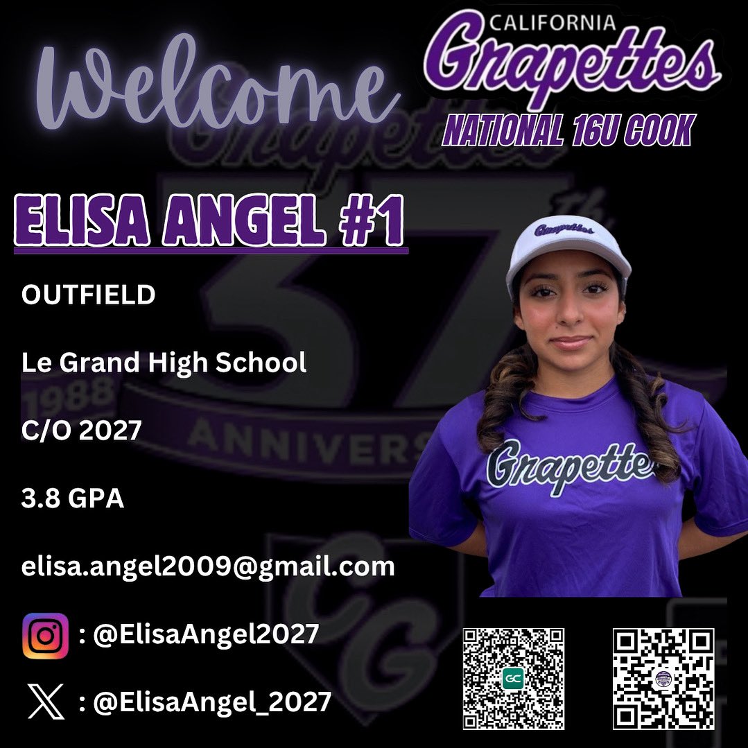 California Grapettes National 14U Cook (@cagrapettescook) on Twitter photo Welcome to the fam, Elisa! We can’t wait to get the season going with you on the squad! 🤙🏼
<a href="/ElisaAngel_2027/">Elisa Angel</a> Welcome to the fam, Elisa! We can’t wait to get the season going with you on the squad! 🤙🏼
<a href="/ElisaAngel_2027/">Elisa Angel</a>