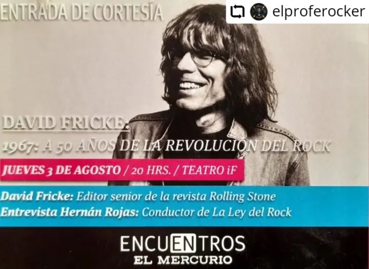 El Profe Rocker (@elproferocker) on Twitter photo #Repost @elproferocker
• • • • •
LA AGENDA DEL PROFE ROCKER
Hace 8 años exactos, asistí a la charla "1967: a 50 años de la revolución del rock" con DAVID FRICKE, periodista y editor senior de la Revista <a href="/RollingStone/">Rolling Stone</a>, y <a href="/hernanred/">Hernan Rojas</a>, periodista y entonces locutor de <a href="/futurofm/">Radio Futuro</a> #Repost @elproferocker
• • • • •
LA AGENDA DEL PROFE ROCKER
Hace 8 años exactos, asistí a la charla "1967: a 50 años de la revolución del rock" con DAVID FRICKE, periodista y editor senior de la Revista <a href="/RollingStone/">Rolling Stone</a>, y <a href="/hernanred/">Hernan Rojas</a>, periodista y entonces locutor de <a href="/futurofm/">Radio Futuro</a>
