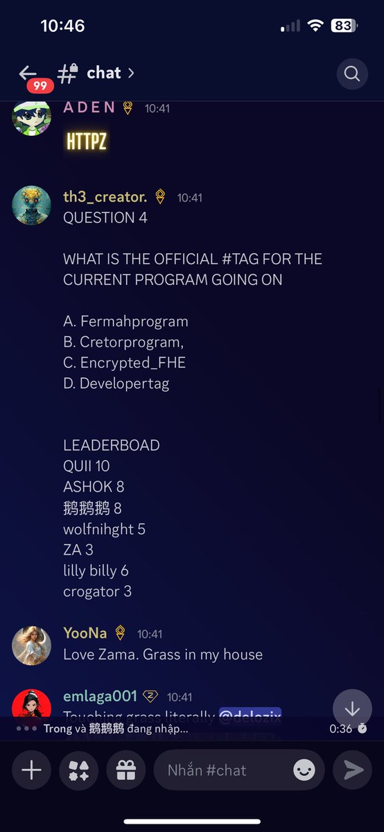 CrogatorCS's tweet image. A small quiz activity at Zama Discord Channel.

#ZamaCreatorProgram @zama_fhe

Join here:

discord.gg/zama