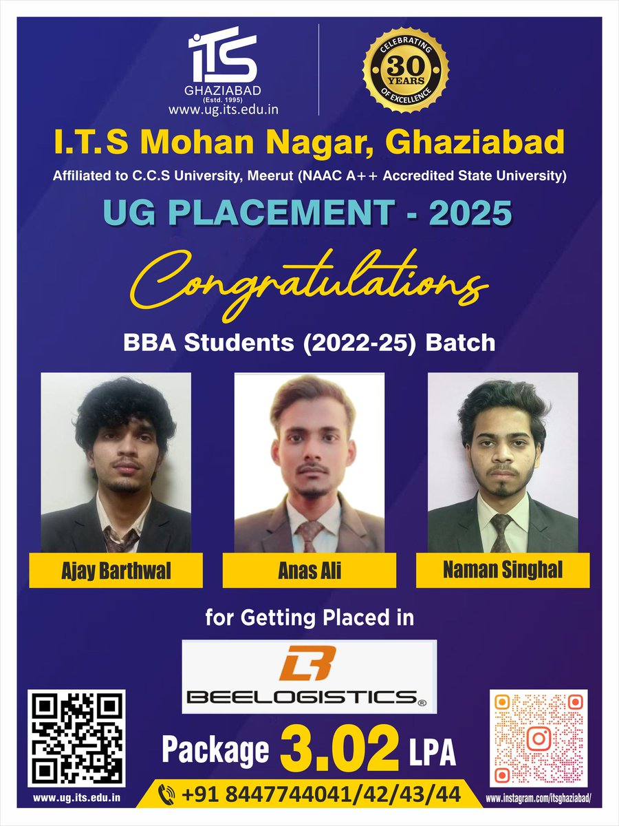 Celebrating Success at I.T.S Mohan Nagar, UG Campus!
We are proud to share that our BBA students from the 2022–2025 batch – Ajay Barthwal, Anas Ali, and Naman Singhal – have secured placements at BeeLogistics with a package of 3.02 LPA!
