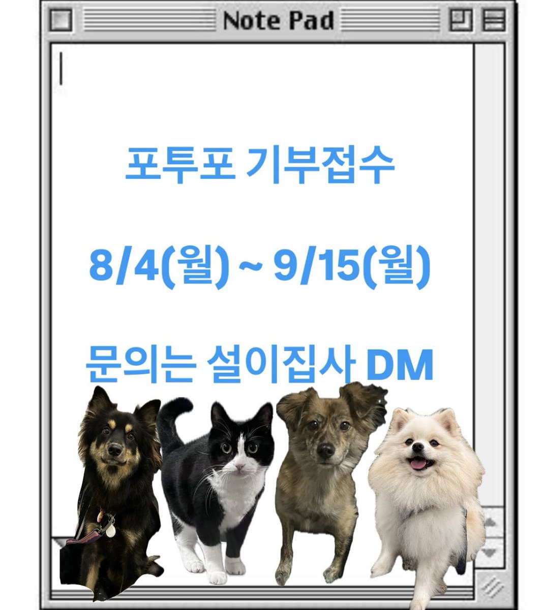 포투포 기부접수 오픈했숩니다!!!!!

8/4(월)부터 9/15(월)까지 기부물품 목록과 간단한 소개, 사진 첨부해서 ‘설이집사’에게 DM보내주시면 친절하게 안내해드리겠습니다🍀