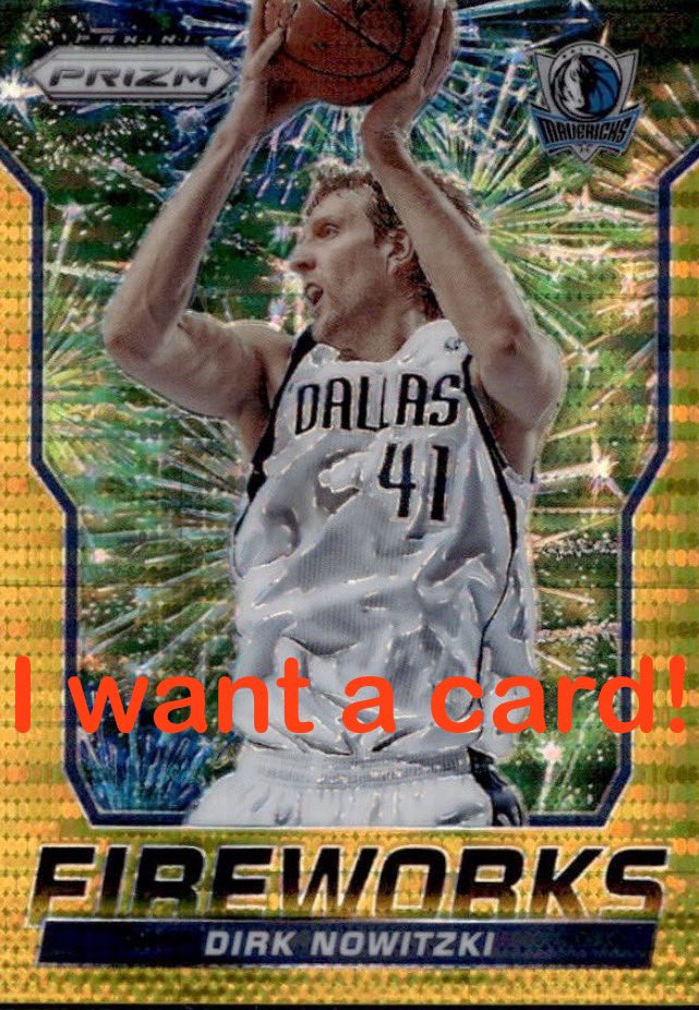 hothatkyo's tweet image. I'm a collector of Prizm fireworks. I have just about every Doncic and Nowitzki fireworks I can get my hands on, but I'm seriously looking for a 2014-15 Prizm Nowitzki Gold Pulsar/10. I don't have one yet, so does anyone have any information?
#prizm #panini #fireworks #nowitzki