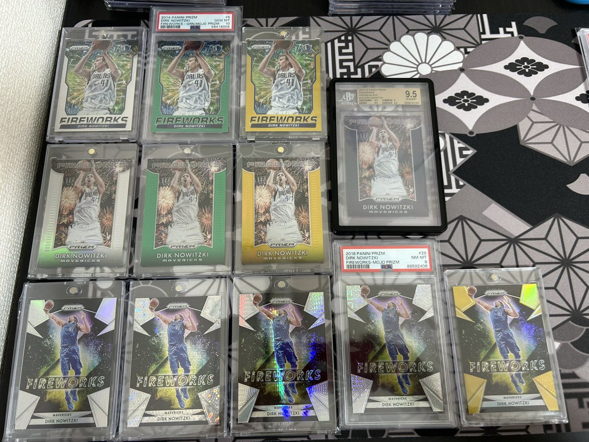 hothatkyo's tweet image. I'm a collector of Prizm fireworks. I have just about every Doncic and Nowitzki fireworks I can get my hands on, but I'm seriously looking for a 2014-15 Prizm Nowitzki Gold Pulsar/10. I don't have one yet, so does anyone have any information?
#prizm #panini #fireworks #nowitzki
