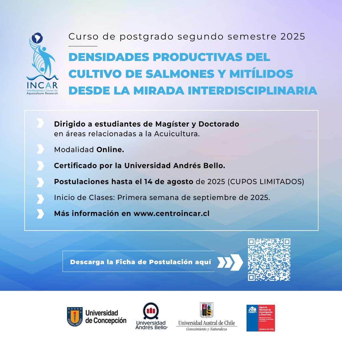NaturaUdec's tweet photo. El Centro INCAR convoca a estudiantes de postgrado en acuicultura a su curso online y gratuito: "Densidades productivas del cultivo de salmones y mitílidos"
Postulaciones hasta el 14 de agosto. ¡Cupos limitados!
Info y ficha de postulación: Dr. Marcelo Fuentes, marcelfu@udec.cl https://t.co/4XaAvoiJXm