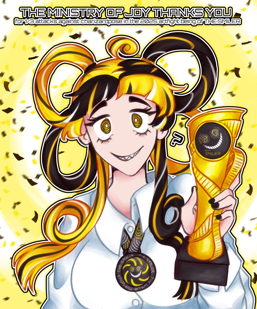 charizardpose's tweet photo. [oc] i said that if my gijinka of The Smiler kept her place as my most attacked oc in this years artfight then id draw her with her rollercoaster's trophy ... so as promised.. 💛🖤💛🖤

the ministry thanks you for your participation..... :) https://t.co/CxxGrlV1cy