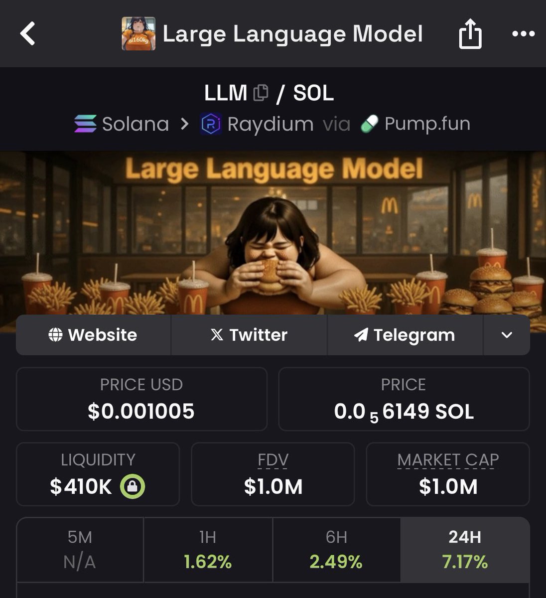 hfktrenches's tweet image. $LLM is going on a legendary run soon. Mark my words, she’s going to eat 🍟🍔