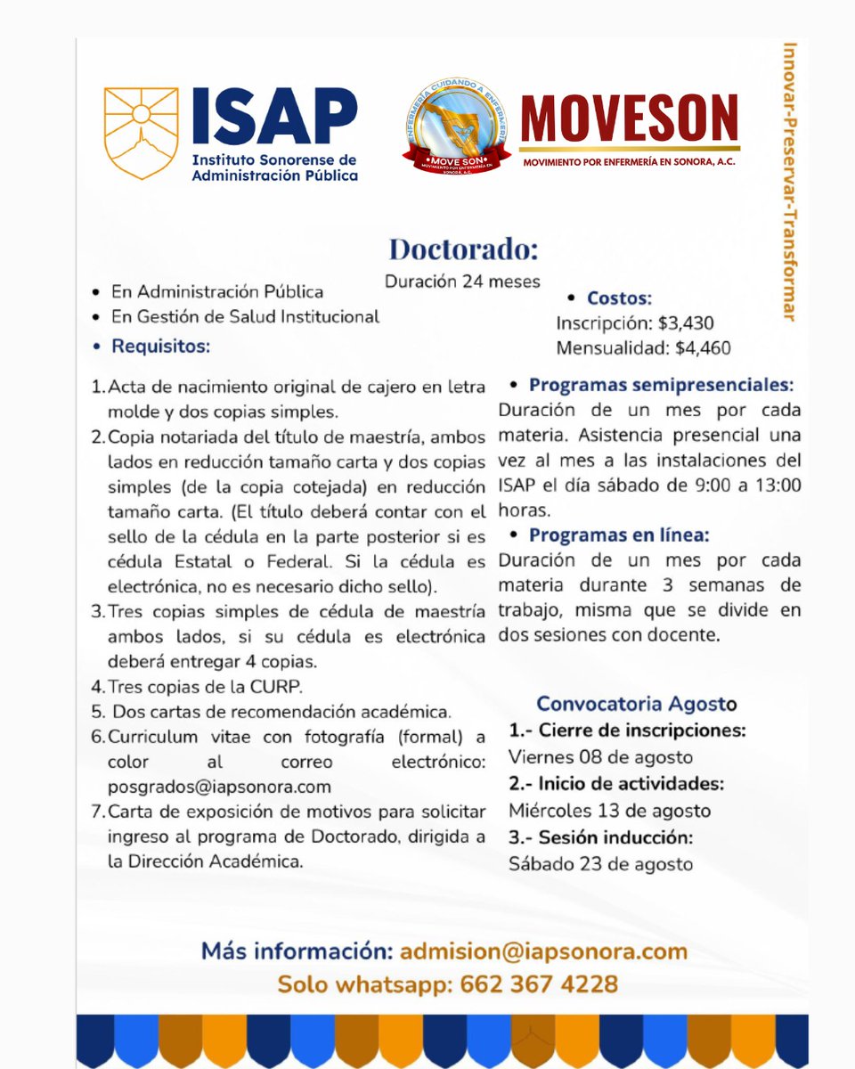 sonoramoveson's tweet photo. 🔴🏥📓 Compartimos la oferta académica

📱📄Mayores informes directamente en los datos que aparecen el el cartel

#MOVESON #FamiliaMOVESON #Enfermería #Sonora #México #SonoraMoveson #ISAP https://t.co/FAbv5LqmWc