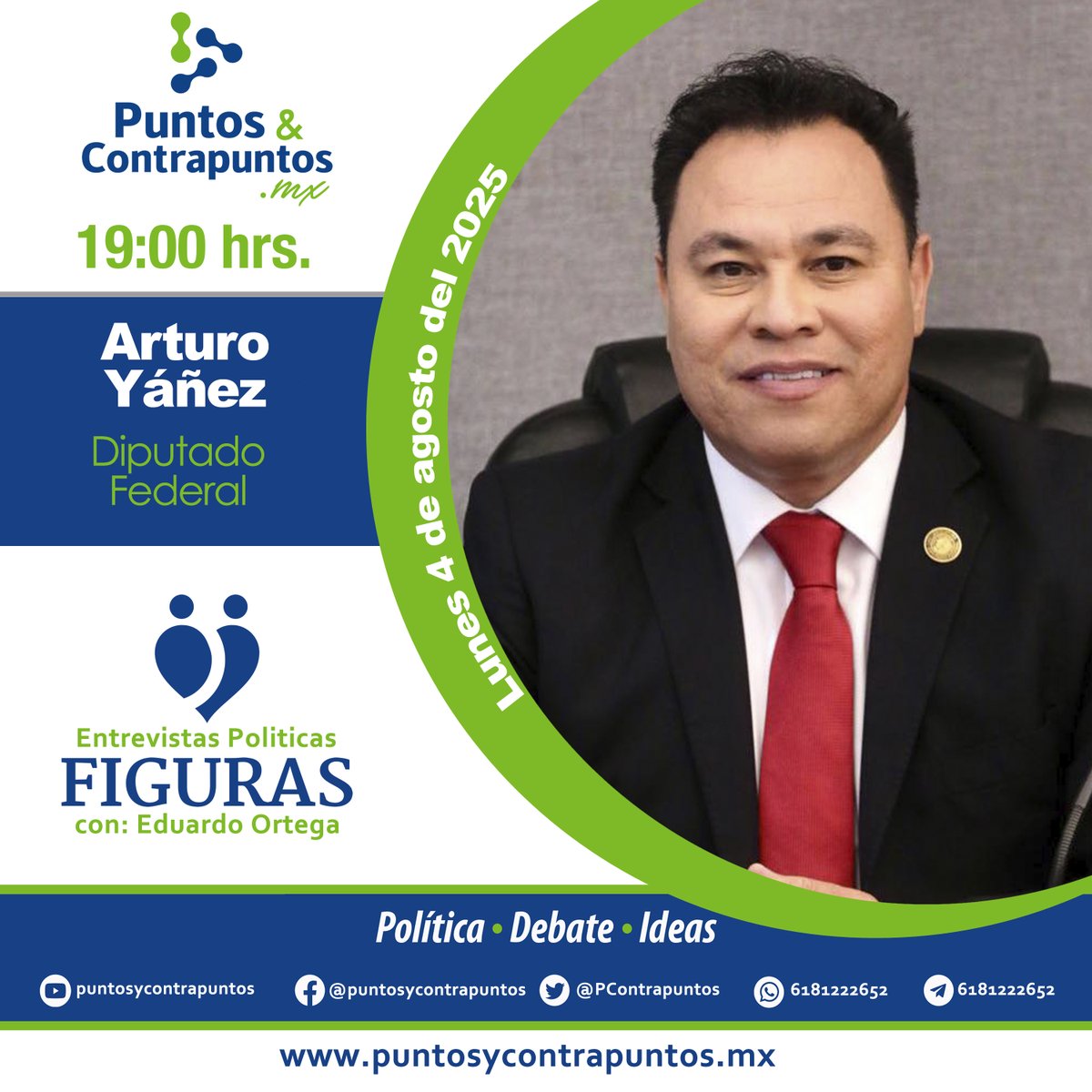 Puntos & Contrapuntos (@pcontrapuntos) on Twitter photo Hoy en #Figuras Entrevistas Políticas con <a href="/EduardoOrtegaS/">Eduardo Ortega S.</a> nos acompaña el diputado federar <a href="/yanez_arturo/">Arturo Yáñez</a>
Transmisión simultánea a través de #Facebook, #X y #Youtube en punto de las 19:00 horas. Hoy en #Figuras Entrevistas Políticas con <a href="/EduardoOrtegaS/">Eduardo Ortega S.</a> nos acompaña el diputado federar <a href="/yanez_arturo/">Arturo Yáñez</a>
Transmisión simultánea a través de #Facebook, #X y #Youtube en punto de las 19:00 horas.