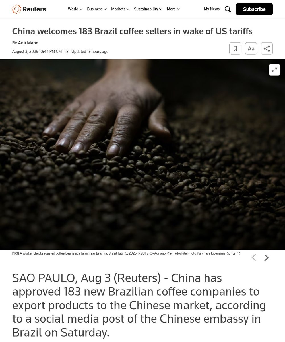 Dear Brazilian people, if our two countries' peoples unite and unite more countries, we can easily defeat the tariffs and trade bullying of the US empire.
We Chinese people love Brazilian coffee, and long live our friendship! 🇨🇳🤝🇧🇷