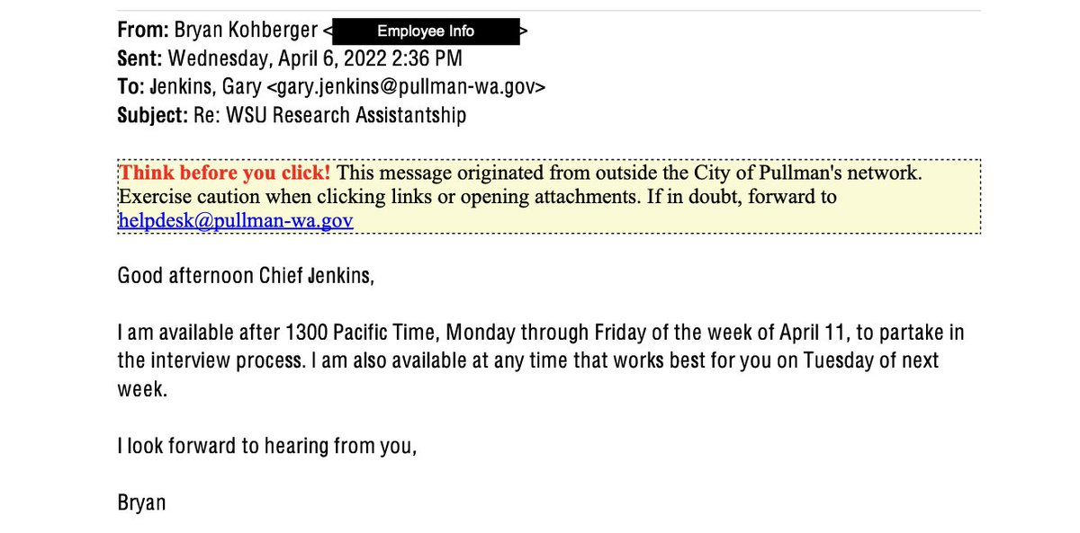 rise4thespiral's tweet photo. Exchange between #Kohberger and the #Chief of Police - settling on an interview date and date.
4/6/2022 + 4/7/2022
#BryanKohberger #Pullman #PullmanPD #Idaho4 https://t.co/mzWofIor0S