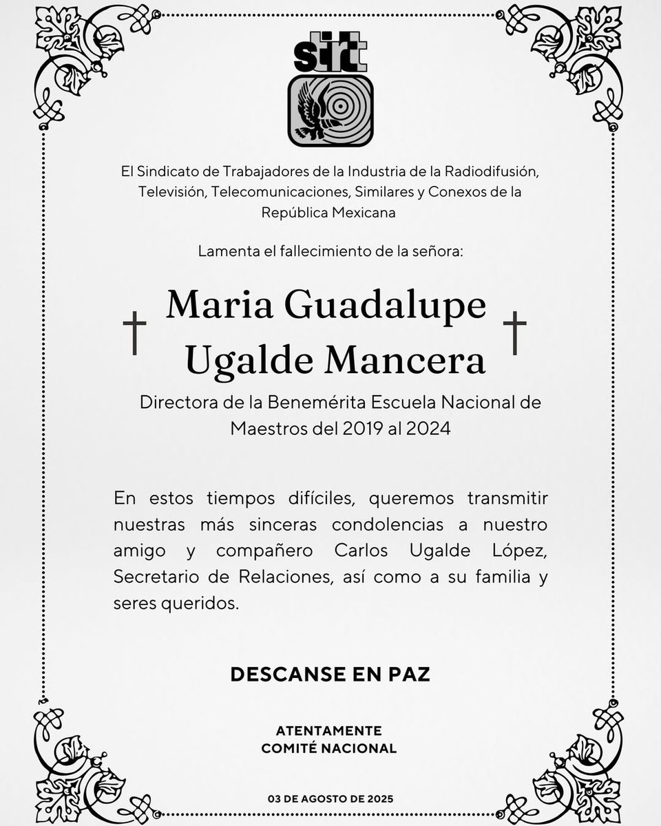 Con profundo pesar, expresamos nuestras más sinceras condolencias por el fallecimiento de la señora María Guadalupe Ugalde Mancera.
Acompañamos con el corazón a sus familiares y seres queridos, que encuentren consuelo en los recuerdos y fortaleza en el amor que siempre les unirá.