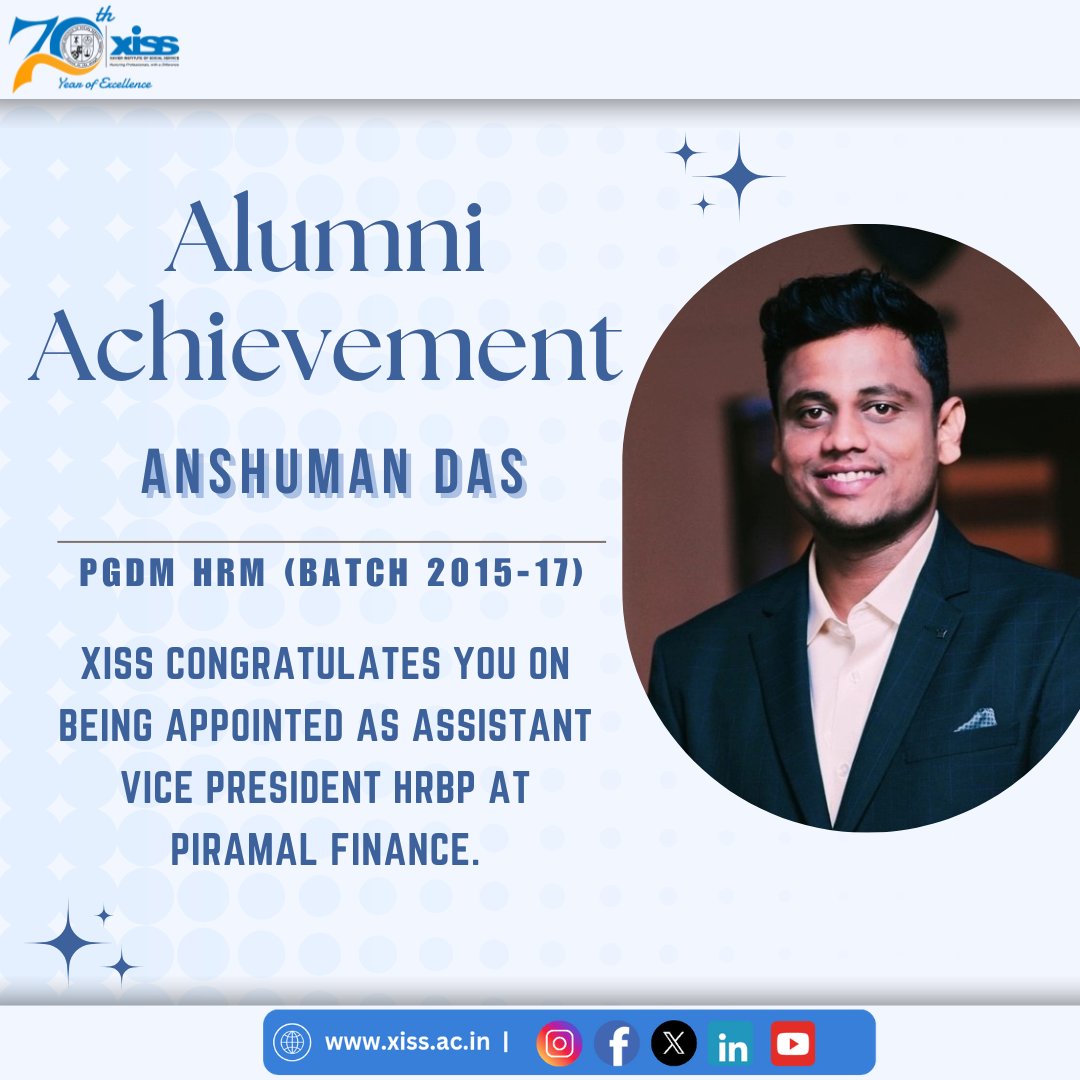 XISSRanchi's tweet image. We are pleased to share that our #alumnus, Mr Anshuman Das, #PGDM-HRM #Batch of 2015-17, has been appointed as the #AssistantVicePresidentHRBP @PiramalFinance. We extend our heartfelt congratulations and wishes to him. #AlumniAchievements #XISSRanchi