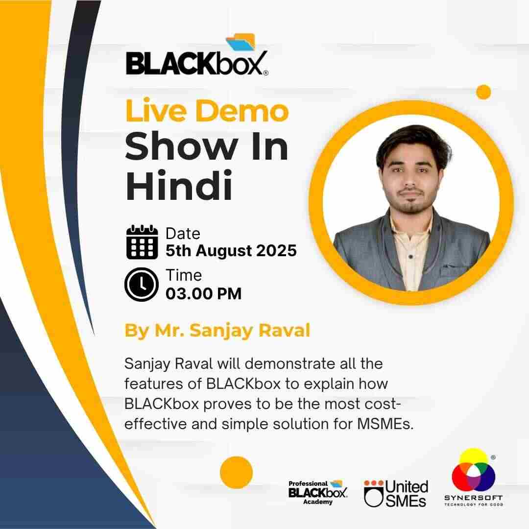 SynersoftTech's tweet photo. BLACKbox Demo Show in Hindi π‘οΈ
ποΈ 5th Aug | π 3 PM
By Sanjay Raval β Technical Trainer at Synersoft
Learn how MSMEs can fix:
πΎ Data mess
π IT issues
π Productivity dips
π― Free session β join now!
Link: https://t.co/8IwBxFNFD2
#BLACKbox #ITinABox #Cybersecurity #Synersoft https://t.co/i2RgqiZsim