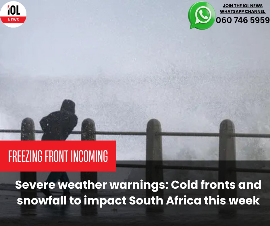 IOL's tweet photo. ❄️ Brace yourselves, South Africa! A dramatic week of winter weather is underway as powerful cold fronts sweep across the nation. Expect damaging winds, disruptive coastal swells, and snowfall in high-lying regions. 
#ColdFrontChaos #SAWeather #SnowInSA #WinterStorm #WeatherWarning 
Read on https://t.co/jtwfmfdlf3