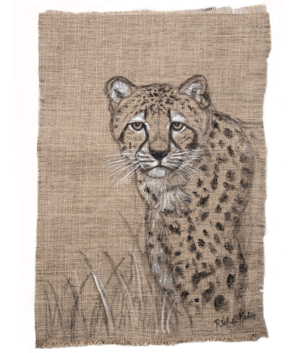 #Cheetah, a stunning #feline celebrated for its incredible speed! While I personally have reservations about its reintroduction to India, there's no denying the beauty of this magnificent creature. 
Mixed media on Jute

#wildlifeart #paintingforsale