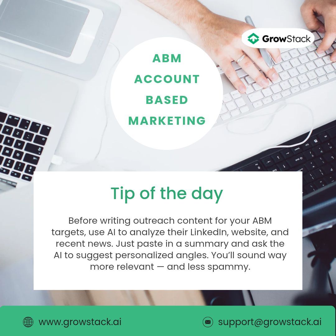 GrowStack AI (@growstackai) on Twitter photo Stop sending the same cold pitch to everyone. AI can help you write like you actually know them.
growstack.ai 📩 support@growstack.ai #AccountBasedMarketing #AITips #SmartOutreach #GrowWithAI Stop sending the same cold pitch to everyone. AI can help you write like you actually know them.
growstack.ai 📩 support@growstack.ai #AccountBasedMarketing #AITips #SmartOutreach #GrowWithAI