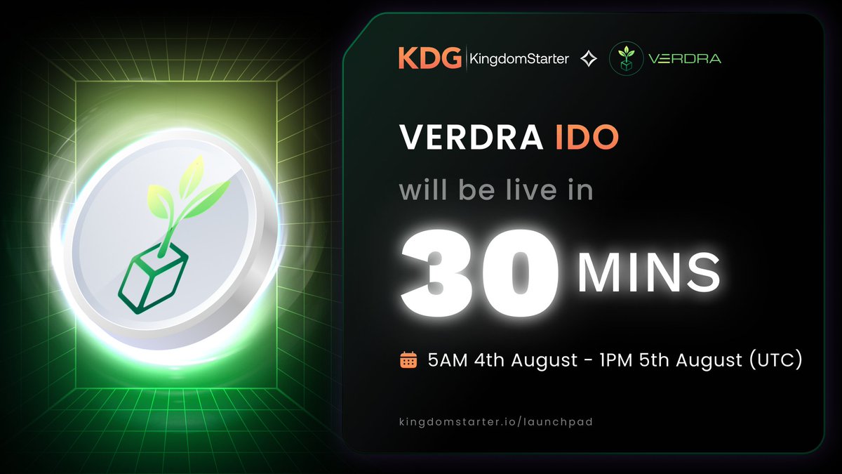 ⌛Announcement: IDO of <a href="/TheVerdra/">Verdra</a> will come in the next 30 minutes 🚀

🤝Hey KDGers,
Within 30 minutes, #Verdra will be live on Launchpad. It’s time to get excited 🔥🔥

1. Schedule
🛎Commit time: 5AM UTC 4th August - 1PM UTC 5th August (UTC)

2. Venue
➡️Commit at: