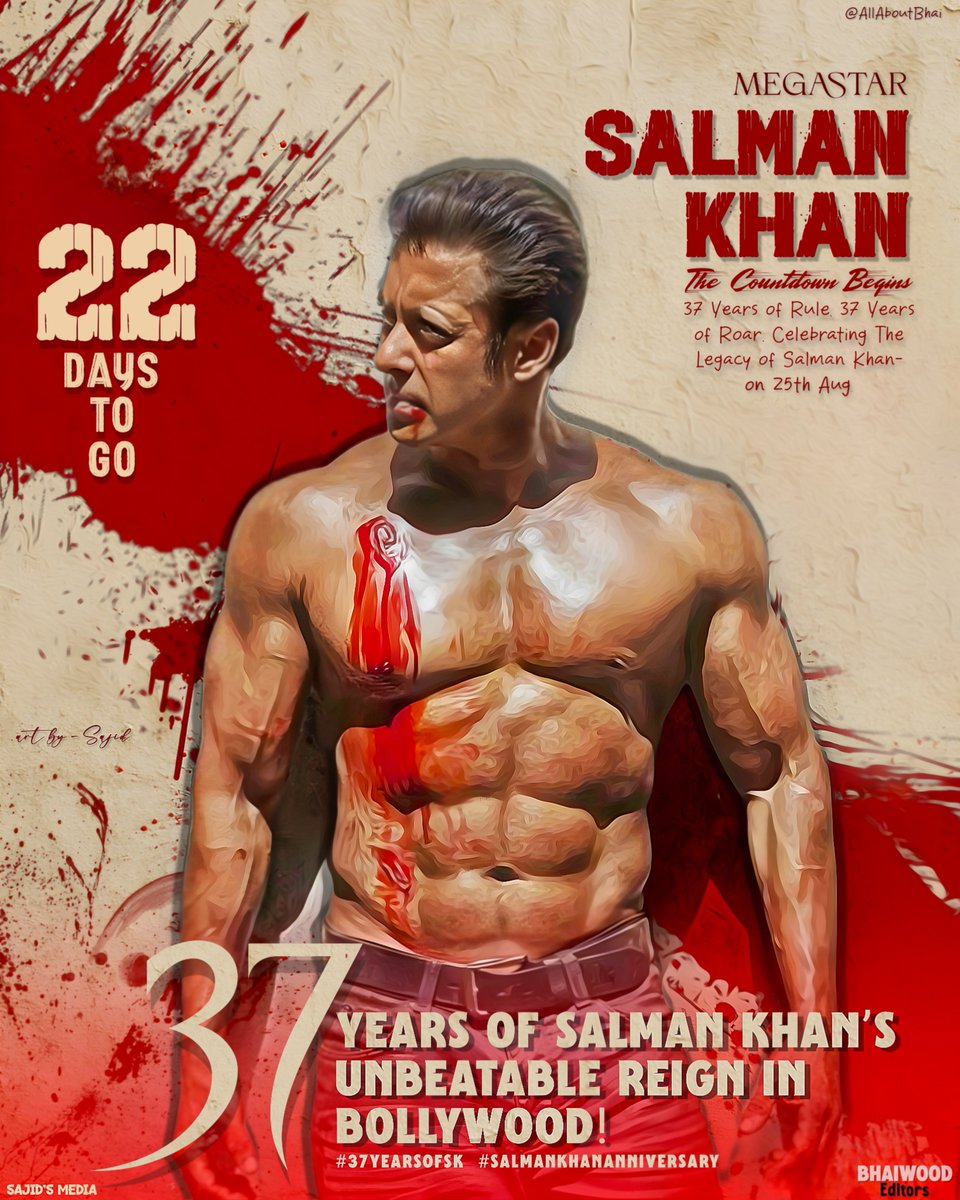 𝓫𝓮𝓲𝓷𝓰_𝐒𝐀𝐉𝐈𝐃 🪓 (@being_sajid_456) on Twitter photo 37 Years of Roar, Rage & Rule – The Megastar’s Era Lives On! 🔥👑
The countdown is painted in red… The roar is about to echo louder! 🔥
22 DAYS TO GO
<a href="/BeingSalmanKhan/">Salman Khan</a>
#SalmanKhan
#37YearsofSalmanKhan 37 Years of Roar, Rage & Rule – The Megastar’s Era Lives On! 🔥👑
The countdown is painted in red… The roar is about to echo louder! 🔥
22 DAYS TO GO
<a href="/BeingSalmanKhan/">Salman Khan</a>
#SalmanKhan
#37YearsofSalmanKhan