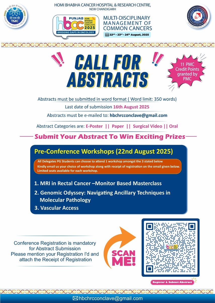 Tata Memorial Centre, HBCH & RC,Punjab (@hbchrc_punjab) on Twitter photo #HomiBhabhaCancerConclave2025 #HBCC2025 #CancerConclave2025
MULTI-DISCIPLINARY MANAGEMENT OF COMMON CANCERS
CALL FOR ABSTRACTS
Last date of submission: 16/08/2025
Abstracts must be emailed to: hbchrcconclave@gmail.com
<a href="/docgulia/">Dr. Ashish Gulia</a> <a href="/TataMemorial/">Tata Memorial Hospital</a> <a href="/DAEIndia/">DAE India</a> <a href="/HBCHRC_Punjab/">Homi Bhabha Cancer Hospital & Research Centre</a> <a href="/hbchsangrur/">Homi Bhabha Cancer Hospital, Sangrur</a> #HomiBhabhaCancerConclave2025 #HBCC2025 #CancerConclave2025
MULTI-DISCIPLINARY MANAGEMENT OF COMMON CANCERS
CALL FOR ABSTRACTS
Last date of submission: 16/08/2025
Abstracts must be emailed to: hbchrcconclave@gmail.com
<a href="/docgulia/">Dr. Ashish Gulia</a> <a href="/TataMemorial/">Tata Memorial Hospital</a> <a href="/DAEIndia/">DAE India</a> <a href="/HBCHRC_Punjab/">Homi Bhabha Cancer Hospital & Research Centre</a> <a href="/hbchsangrur/">Homi Bhabha Cancer Hospital, Sangrur</a>