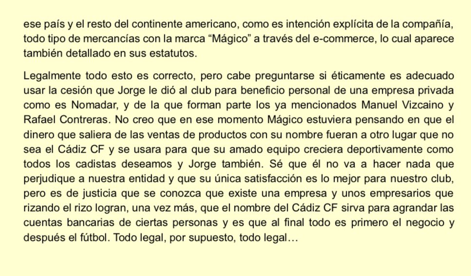 Me he sentido en la obligación de tocar este aspecto dentro de la historia del uso empresarial del Cádiz por Vizcaíno y Contreras, ya que la imagen de Mágico González es sagrada para todos los cadistas y creo que es justo conocer que hasta de eso se estarían beneficiando a nivel