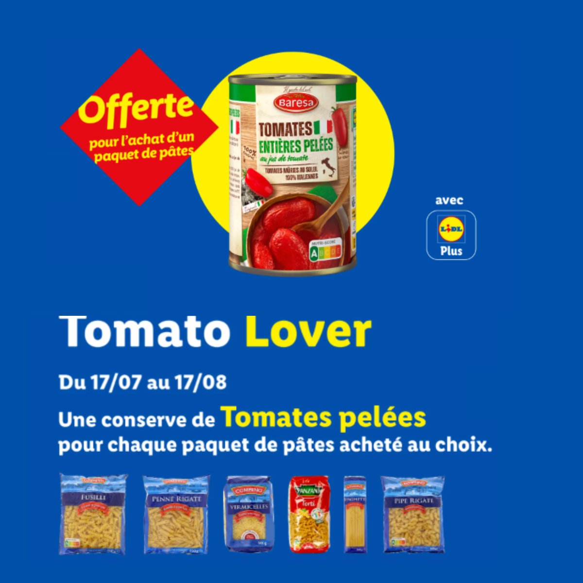 Peut-être qu'on vient d'inventer une nouvelle recette de meal prep facile on sait pas 👀

Du 17 juillet au 17 août, on régale les #TomatoLovers : 1 paquet de pâtes acheté = 1 conserve de tomates pelées offerte avec l'appli Lidl Plus.