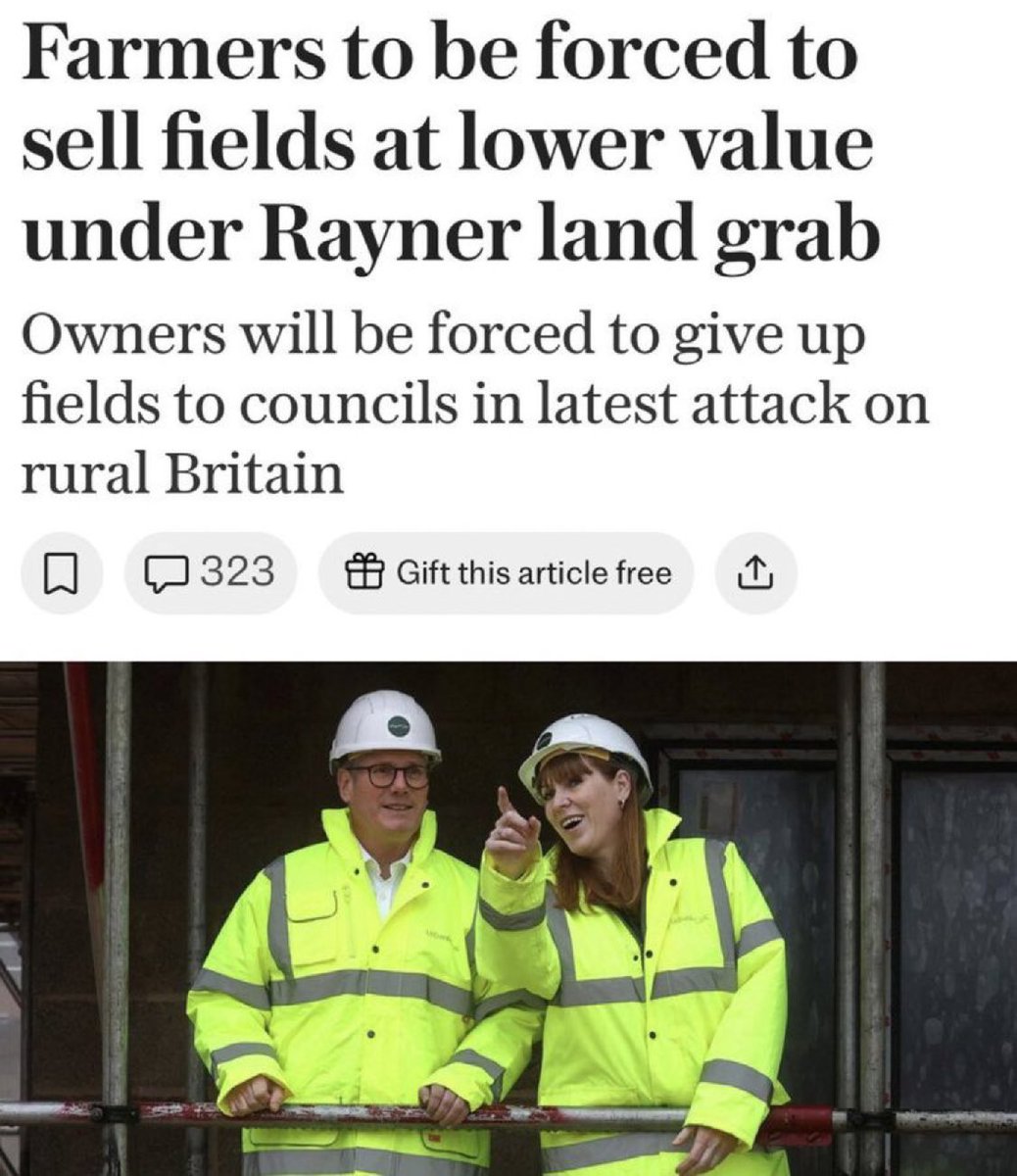 “Farmers will be forced to sell fields for less than their potential value if they are seized to build new homes or hospitals, under measures in the Government’s Planning and Infrastructure Bill.”

Compulsory purchase (at low purchase value) by local councils of farmland / green