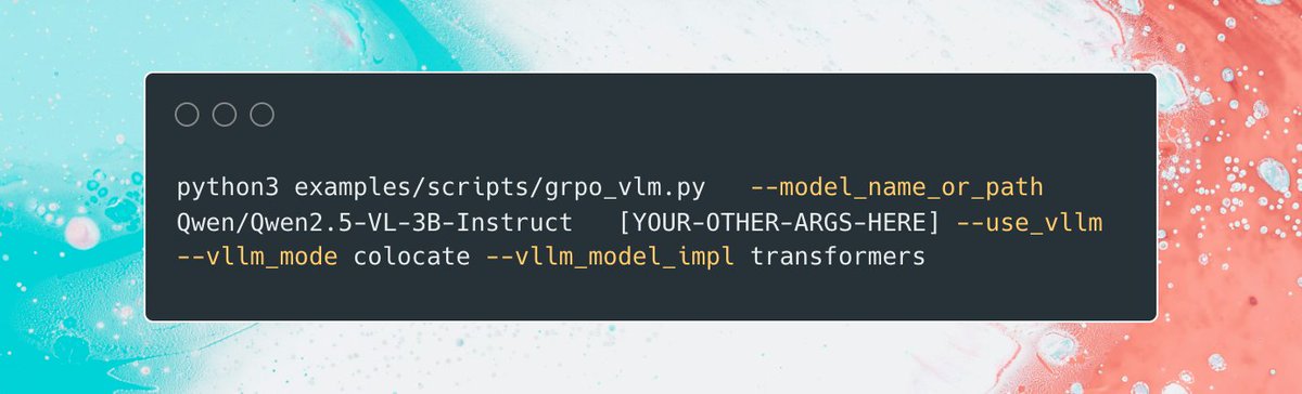 mervenoyann's tweet image. you can now run vLLM with transformers backend for online training workflows (Online DPO/GRPO/GSPO) 🤠
works for both VLMs and LLMs!