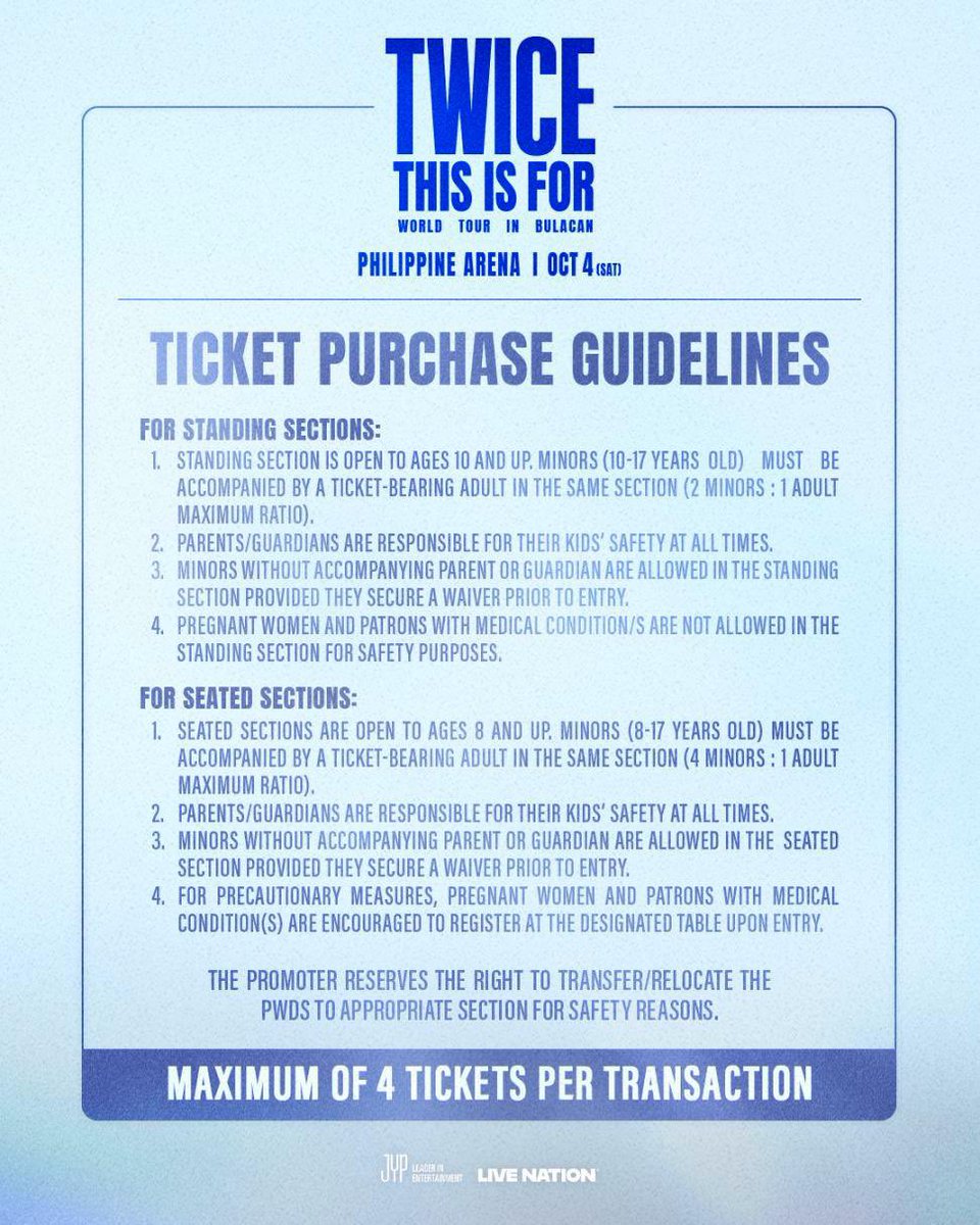 🚨 SOUND THE ALARMS, ONCE! 🚨

TWICE is coming back to the Philippines! 💖✨ Get your candybongs ready, prep your fan chants, and manifest that front row view 👑

TWICE <THIS IS FOR> WORLD TOUR IN BULACAN
📅 October 4, 2025
📍Philippine Arena

Here’s how to secure your tickets: