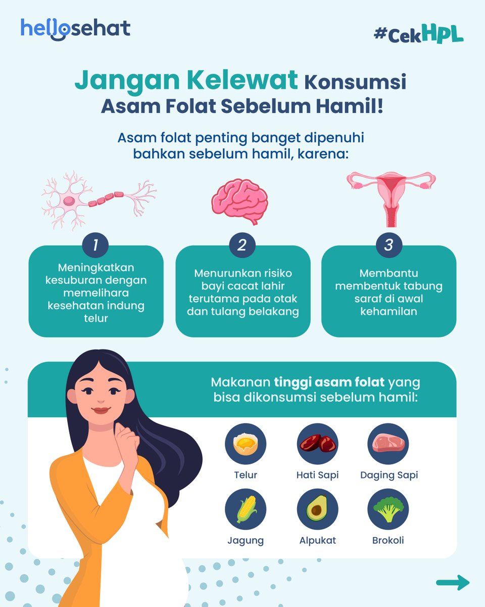 HelloSehat's tweet image. Buat yang lagi promil, jangan lupa asam folat ya! Nutrisi ini penting banget buat bantu tingkatkan peluang hamil dan cegah cacat tabung saraf pada janin

📌 Kalau kamu lagi promil, yuk mulai catat HPHT (Hari Pertama Haid Terakhir) dan pantau tanda-tandanya.